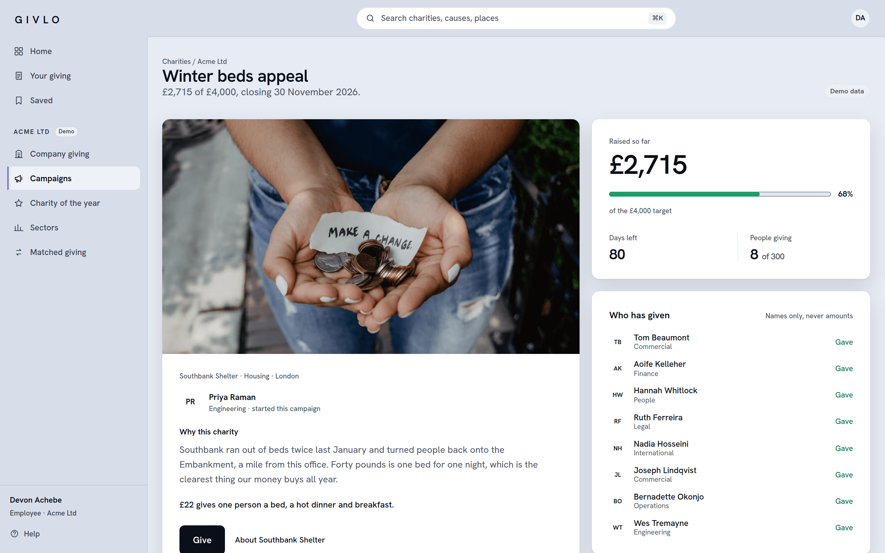 A Givlo campaign: the charity, the amount raised against its target, the colleague who started it, and the people who have given.
