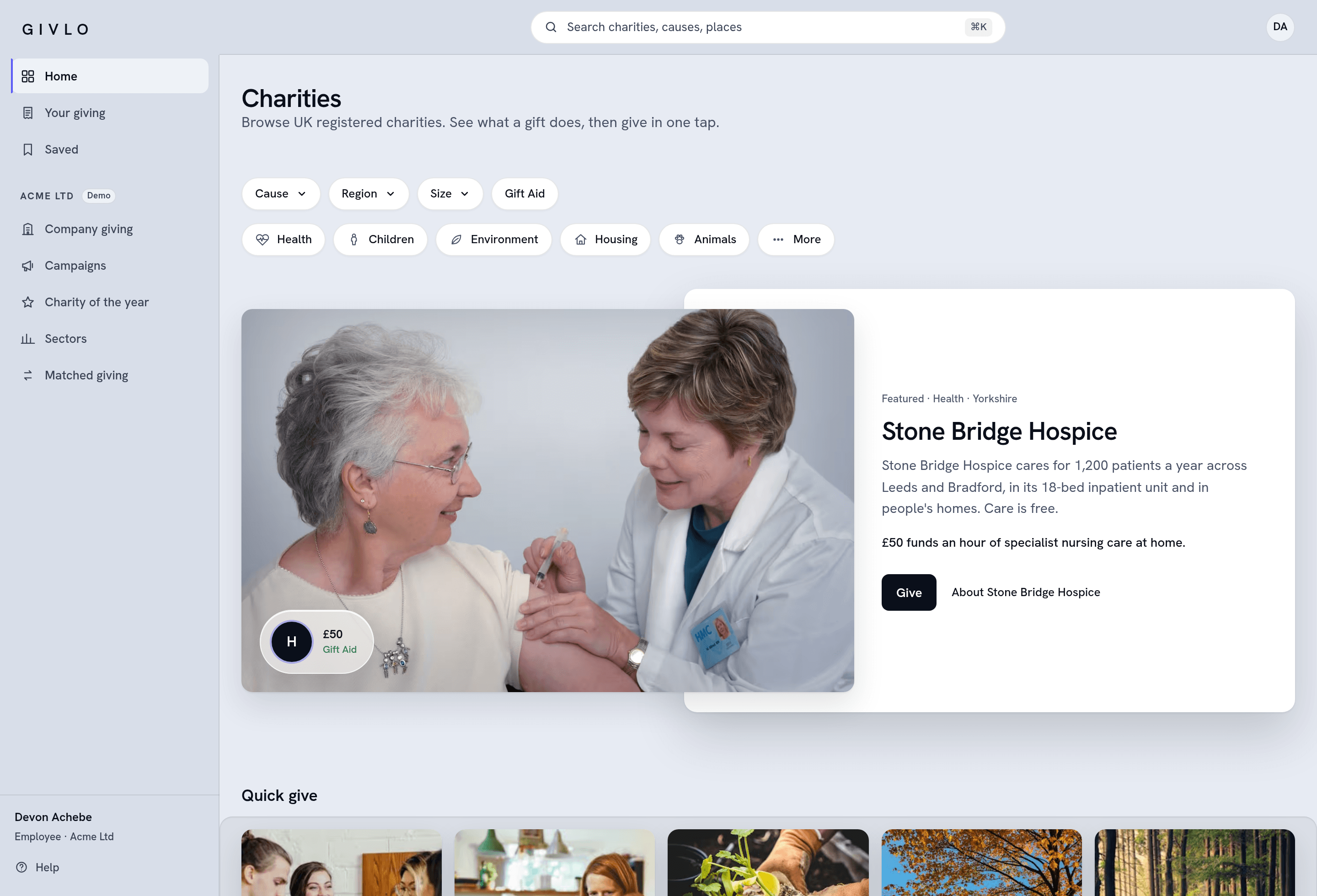 The Givlo app: a featured charity, quick give tiles and a rail of charities to start with.